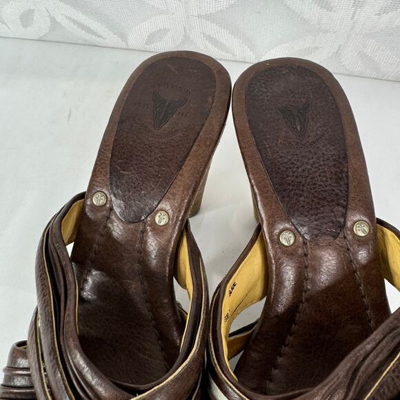 Frye Brown Leather Reese Multi Slide Heels 7.5 Stacked Cone Heel Slip On Sandals - Picture 3 of 9